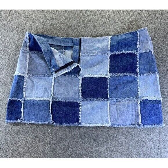Vanessa Mooney Jean Skirt 2XL Patchwork Denim Frayed Hippie Women's Y2K Blue - Picture 5 of 6